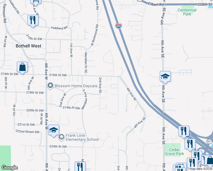 map of restaurants, bars, coffee shops, grocery stores, and more near 221 218th Place Southeast in Bothell
