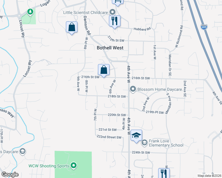 map of restaurants, bars, coffee shops, grocery stores, and more near 525 218th Street Southwest in Bothell
