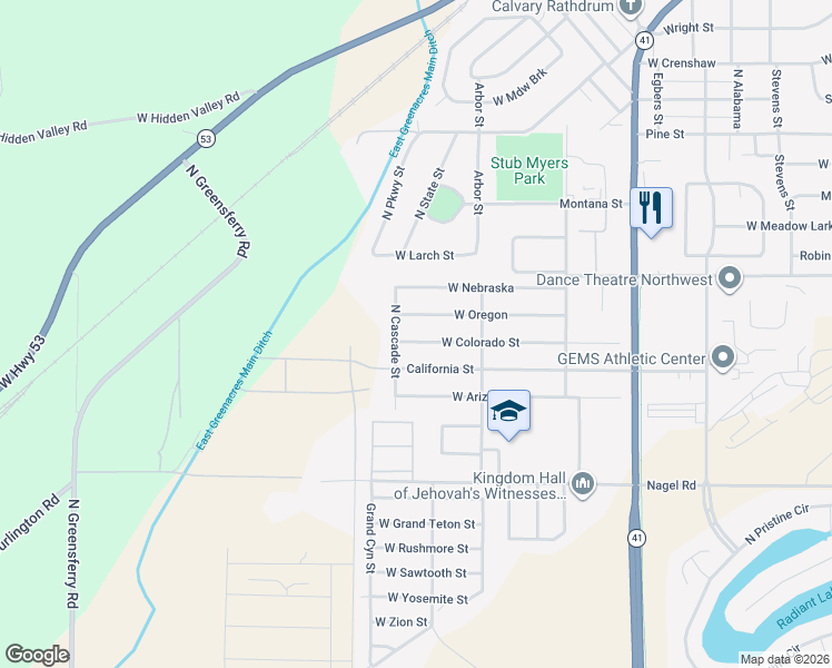map of restaurants, bars, coffee shops, grocery stores, and more near 8641 California Street in Rathdrum