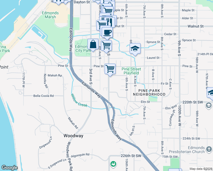 map of restaurants, bars, coffee shops, grocery stores, and more near 1110 5th Avenue South in Edmonds
