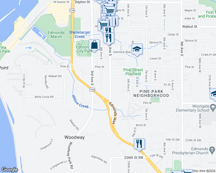 map of restaurants, bars, coffee shops, grocery stores, and more near 1110 5th Avenue South in Edmonds