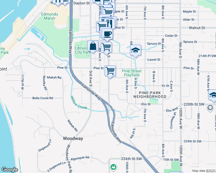 map of restaurants, bars, coffee shops, grocery stores, and more near 1041 5th Avenue South in Edmonds