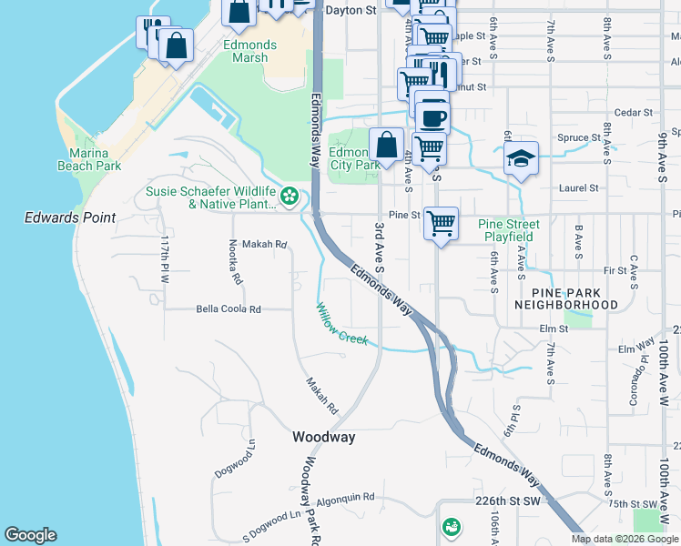 map of restaurants, bars, coffee shops, grocery stores, and more near 1030 2nd Avenue South in Edmonds