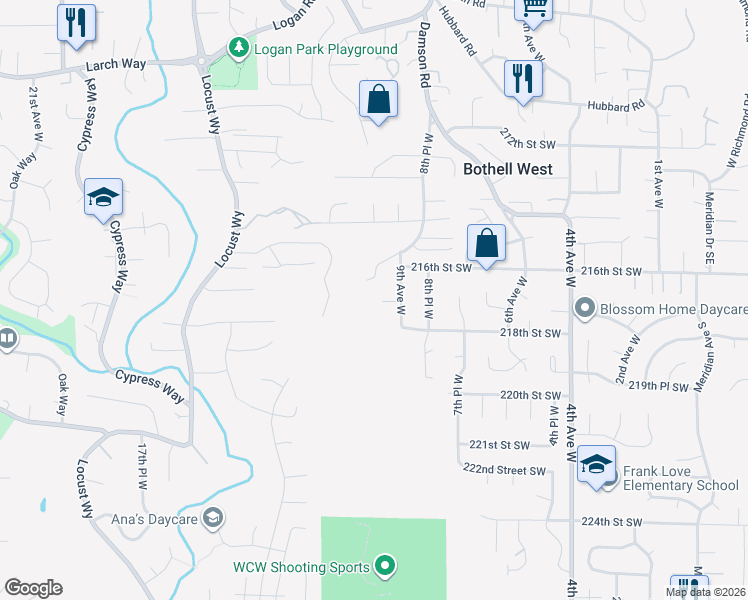 map of restaurants, bars, coffee shops, grocery stores, and more near 21606 9th Place West in Bothell