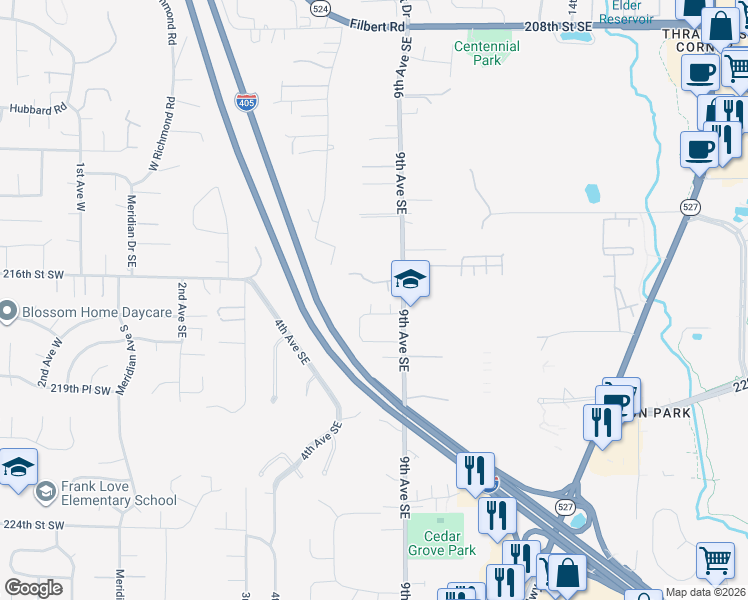 map of restaurants, bars, coffee shops, grocery stores, and more near 21602 9th Avenue Southeast in Bothell