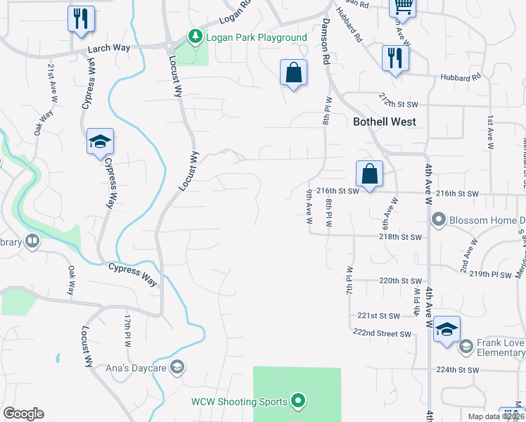 map of restaurants, bars, coffee shops, grocery stores, and more near 21629 12th Avenue West in Bothell