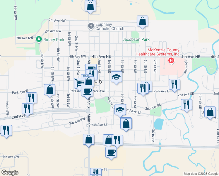 map of restaurants, bars, coffee shops, grocery stores, and more near 509 Hunter's Run Street in Watford City