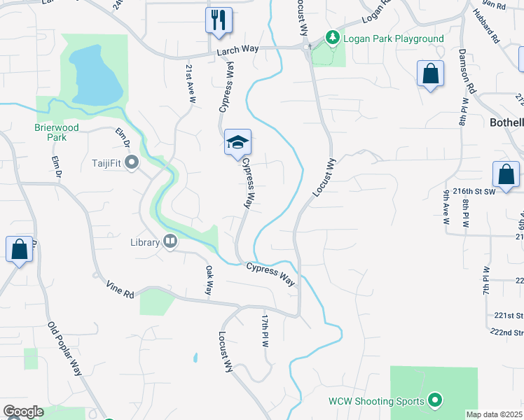 map of restaurants, bars, coffee shops, grocery stores, and more near 21621 Cypress Way in Lynnwood