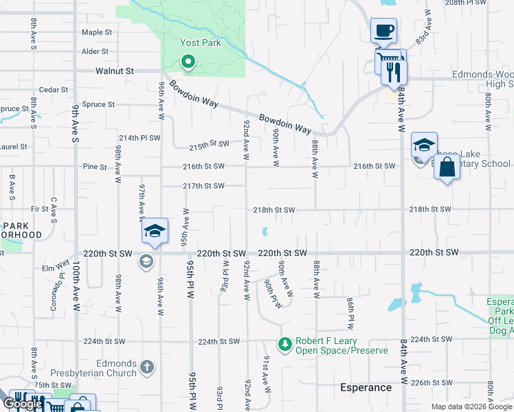 map of restaurants, bars, coffee shops, grocery stores, and more near 9024 217th Street Southwest in Edmonds