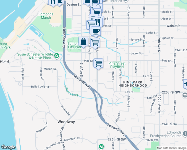 map of restaurants, bars, coffee shops, grocery stores, and more near 1070 5th Avenue South in Edmonds
