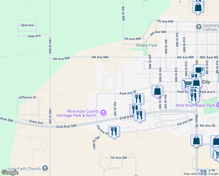map of restaurants, bars, coffee shops, grocery stores, and more near 900 Park Avenue West in Watford City