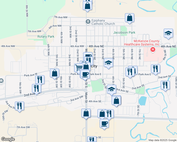 map of restaurants, bars, coffee shops, grocery stores, and more near 100 Main Street South in Watford City