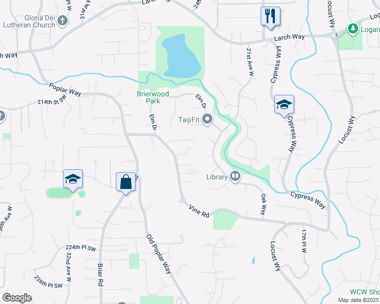 map of restaurants, bars, coffee shops, grocery stores, and more near 21701 Vine Road in Brier