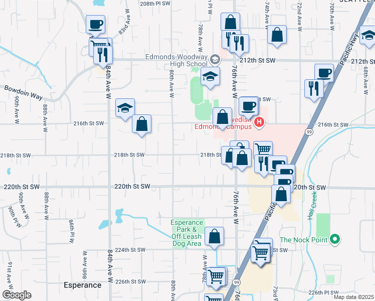 map of restaurants, bars, coffee shops, grocery stores, and more near 21713 80th Avenue West in Edmonds
