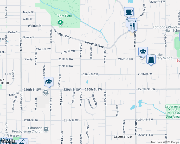 map of restaurants, bars, coffee shops, grocery stores, and more near 9024 217th Street Southwest in Edmonds