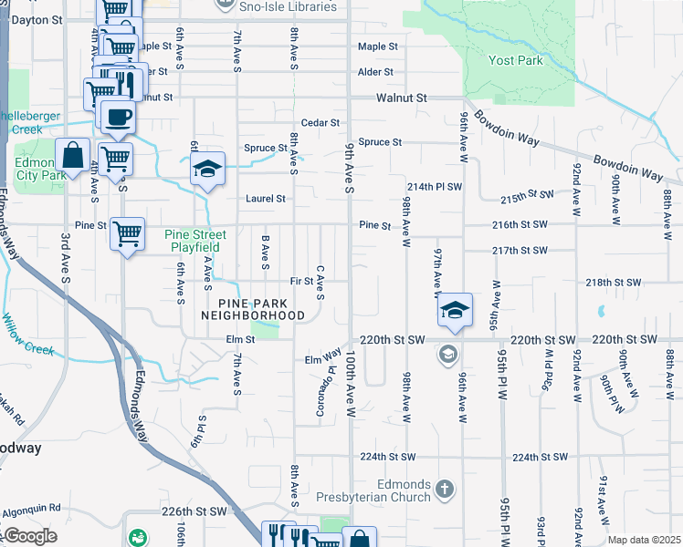 map of restaurants, bars, coffee shops, grocery stores, and more near 1048 9th Avenue South in Edmonds