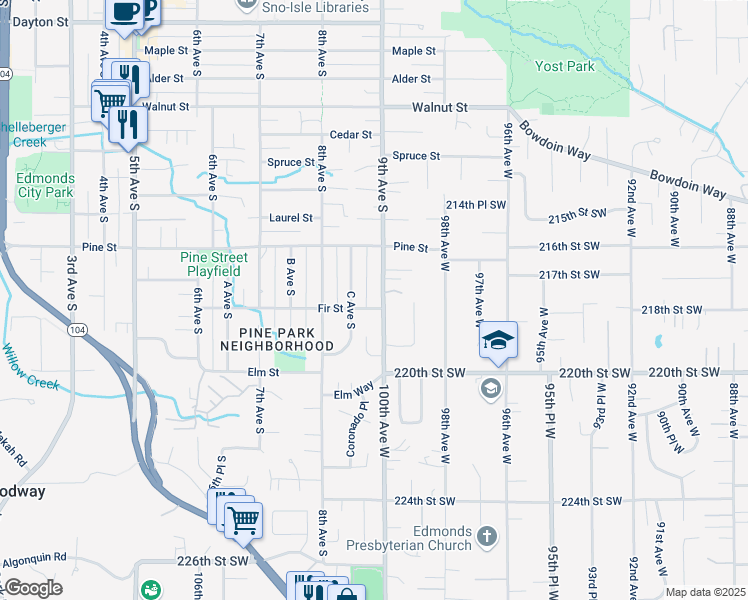 map of restaurants, bars, coffee shops, grocery stores, and more near 1048 9th Avenue South in Edmonds
