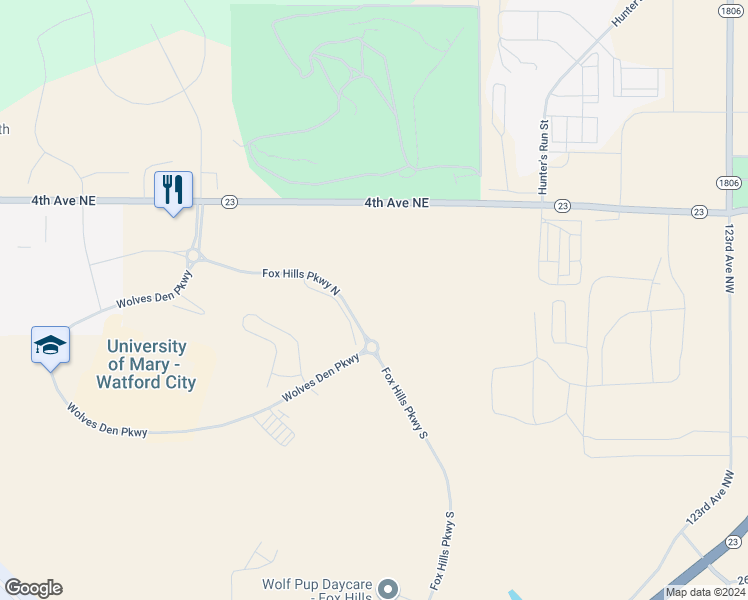 map of restaurants, bars, coffee shops, grocery stores, and more near 222 Prairie Hills Road in Watford City