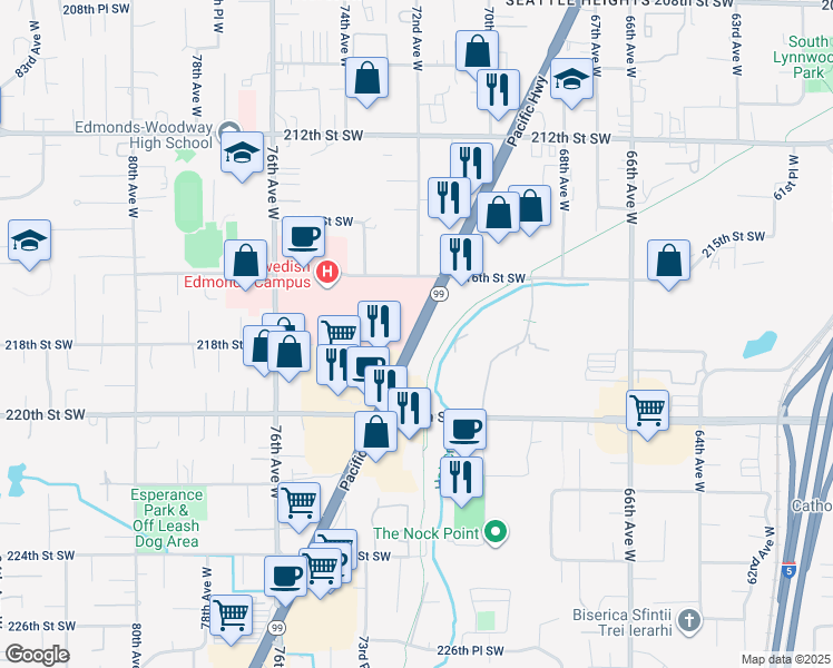 map of restaurants, bars, coffee shops, grocery stores, and more near 21900 Washington 99 in Edmonds