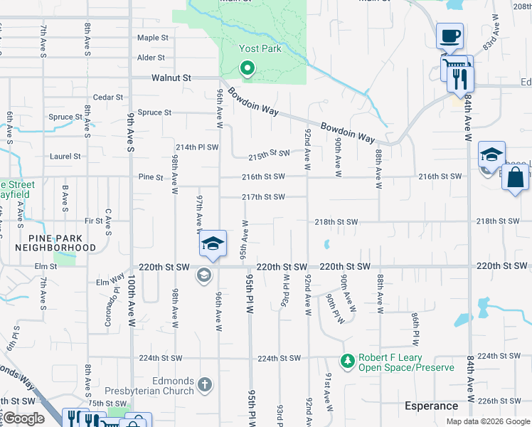 map of restaurants, bars, coffee shops, grocery stores, and more near 21717 95th Avenue West in Edmonds