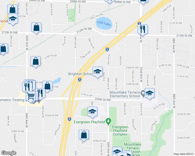 map of restaurants, bars, coffee shops, grocery stores, and more near 21705 58th Avenue West in Mountlake Terrace