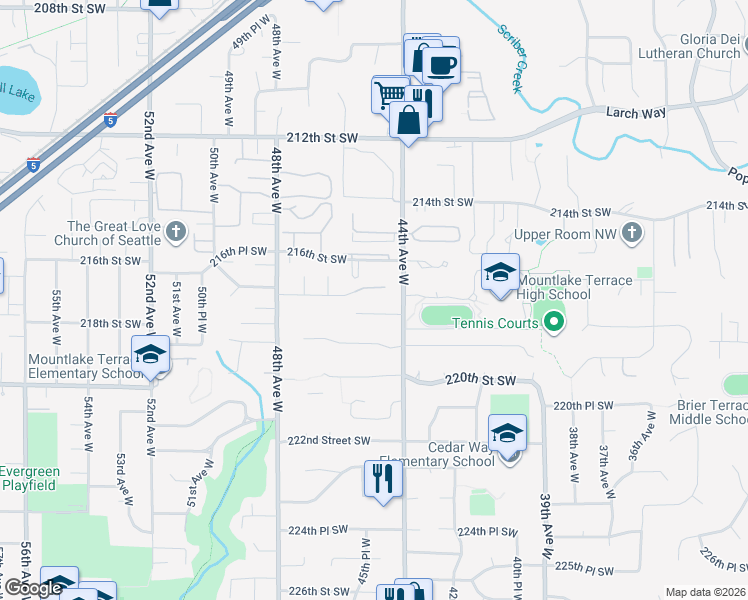 map of restaurants, bars, coffee shops, grocery stores, and more near 4502 217th Street Southwest in Mountlake Terrace