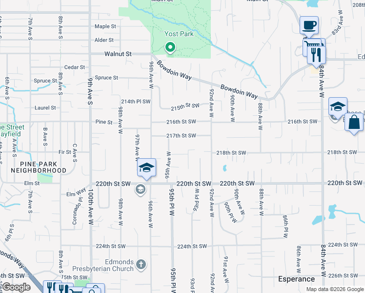 map of restaurants, bars, coffee shops, grocery stores, and more near 21717 95th Avenue West in Edmonds