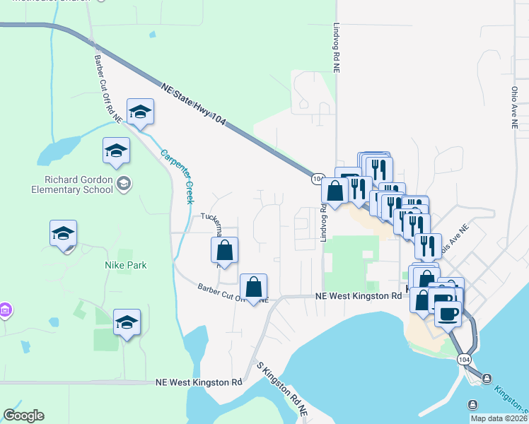 map of restaurants, bars, coffee shops, grocery stores, and more near 26370 Barrett Road Northeast in Kingston