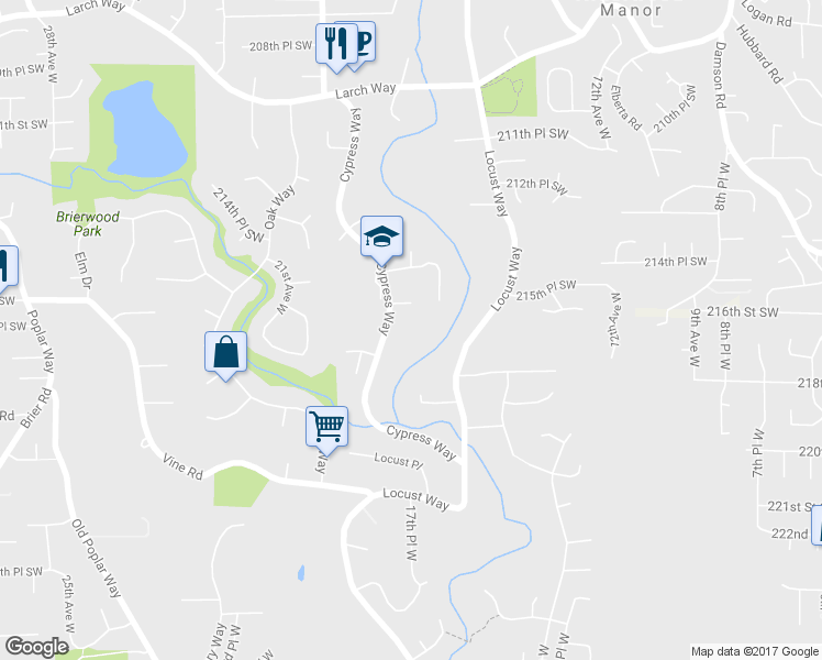 map of restaurants, bars, coffee shops, grocery stores, and more near 21621 Cypress Way in Lynnwood