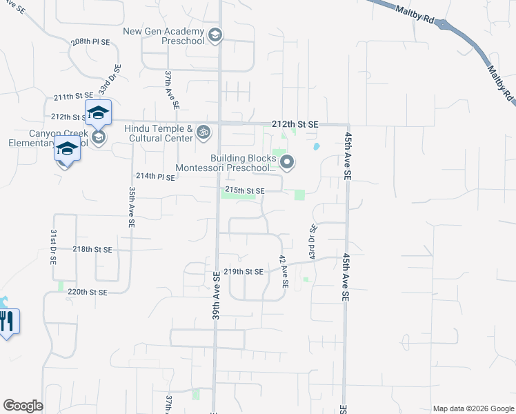 map of restaurants, bars, coffee shops, grocery stores, and more near 21521 41st Avenue Southeast in Bothell