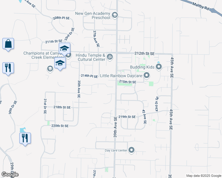 map of restaurants, bars, coffee shops, grocery stores, and more near 3727 215th Place Southeast in Bothell