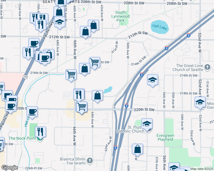 map of restaurants, bars, coffee shops, grocery stores, and more near 6102 Saint Albion Way in Mountlake Terrace