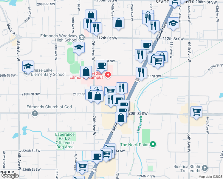 map of restaurants, bars, coffee shops, grocery stores, and more near 21607 76th Avenue West in Edmonds