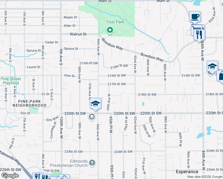 map of restaurants, bars, coffee shops, grocery stores, and more near 21717 95th Avenue West in Edmonds