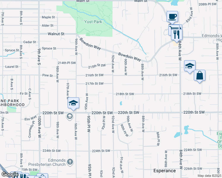 map of restaurants, bars, coffee shops, grocery stores, and more near 21714 92nd Avenue West in Edmonds