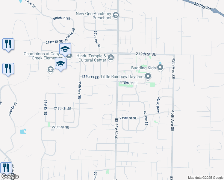 map of restaurants, bars, coffee shops, grocery stores, and more near 3727 215th Place Southeast in Bothell