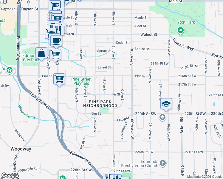 map of restaurants, bars, coffee shops, grocery stores, and more near 1040 8th Avenue South in Edmonds