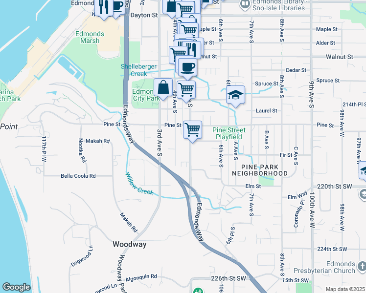 map of restaurants, bars, coffee shops, grocery stores, and more near 1041 5th Avenue South in Edmonds