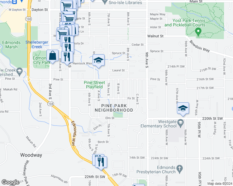 map of restaurants, bars, coffee shops, grocery stores, and more near 1048 B Avenue South in Edmonds