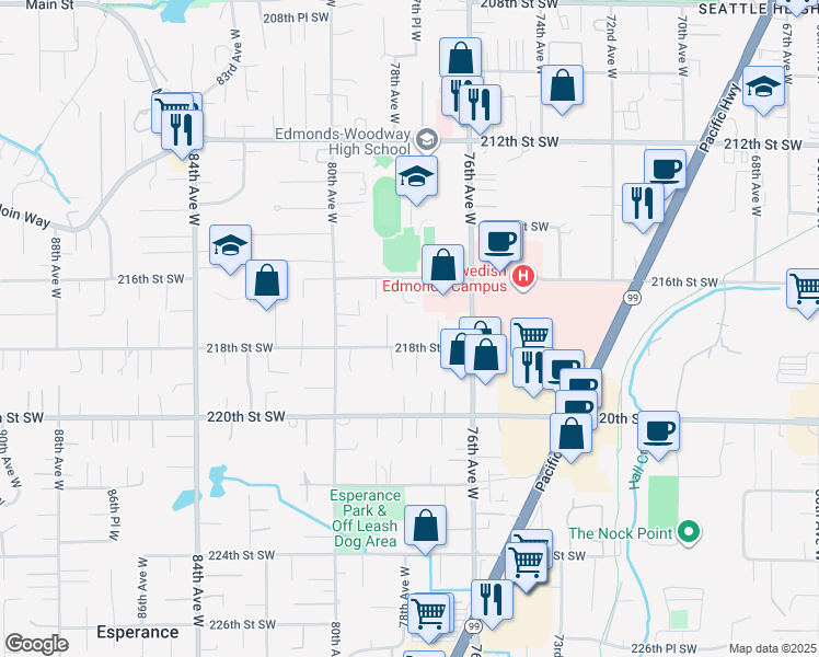 map of restaurants, bars, coffee shops, grocery stores, and more near 7813 218th Street Southwest in Edmonds