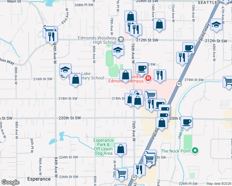map of restaurants, bars, coffee shops, grocery stores, and more near 7813 218th Street Southwest in Edmonds