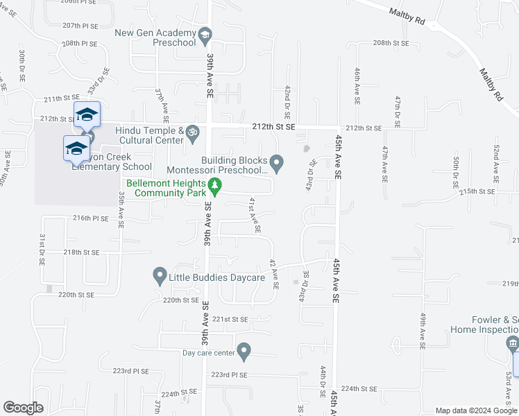 map of restaurants, bars, coffee shops, grocery stores, and more near 21521 41st Avenue Southeast in Bothell