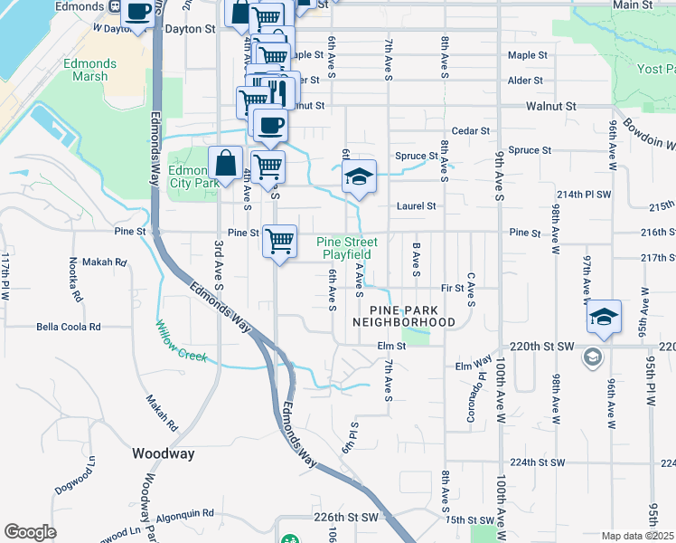 map of restaurants, bars, coffee shops, grocery stores, and more near 1039 6th Avenue South in Edmonds