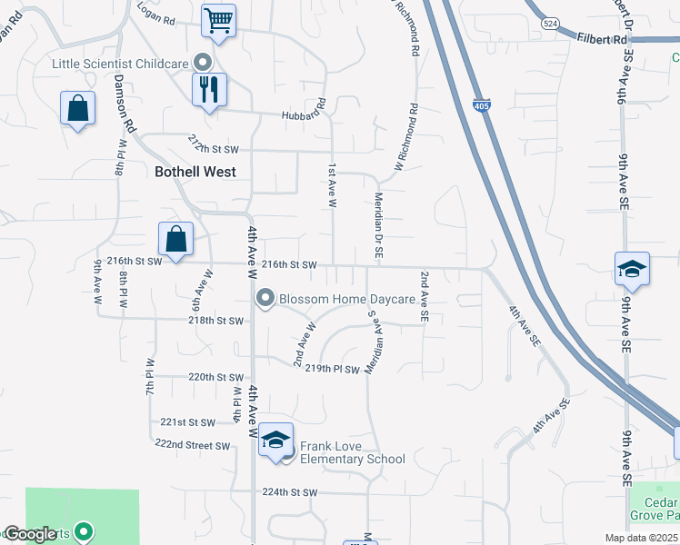 map of restaurants, bars, coffee shops, grocery stores, and more near 112 216th Street Southwest in Bothell