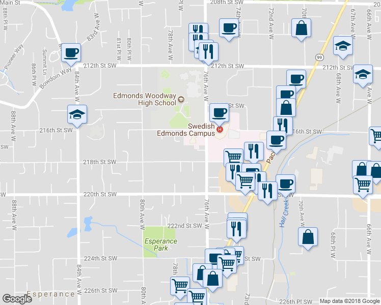 map of restaurants, bars, coffee shops, grocery stores, and more near 7631 218th Street Southwest in Edmonds
