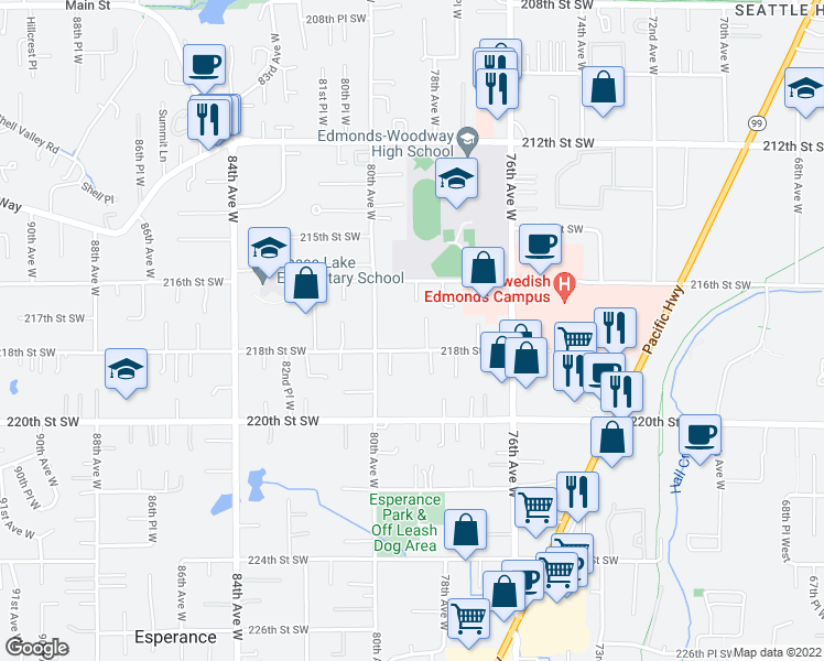 map of restaurants, bars, coffee shops, grocery stores, and more near 21713 80th Avenue West in Edmonds