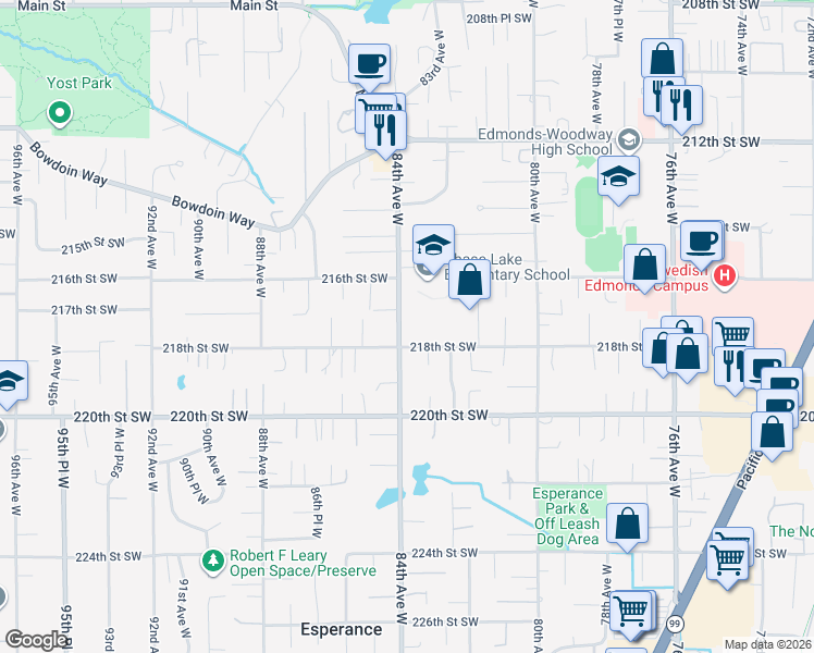 map of restaurants, bars, coffee shops, grocery stores, and more near 21711 84th Avenue West in Edmonds