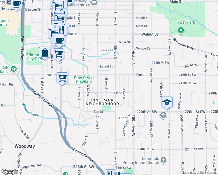 map of restaurants, bars, coffee shops, grocery stores, and more near 1040 8th Avenue South in Edmonds