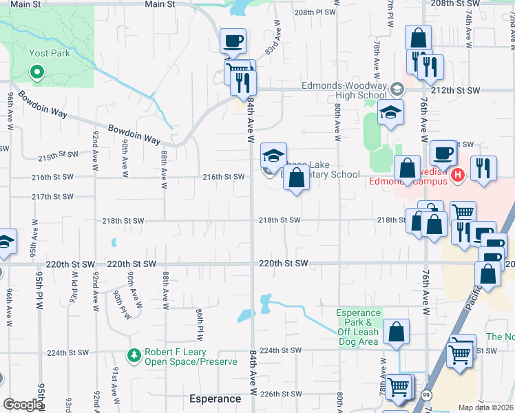 map of restaurants, bars, coffee shops, grocery stores, and more near 21711 84th Avenue West in Edmonds