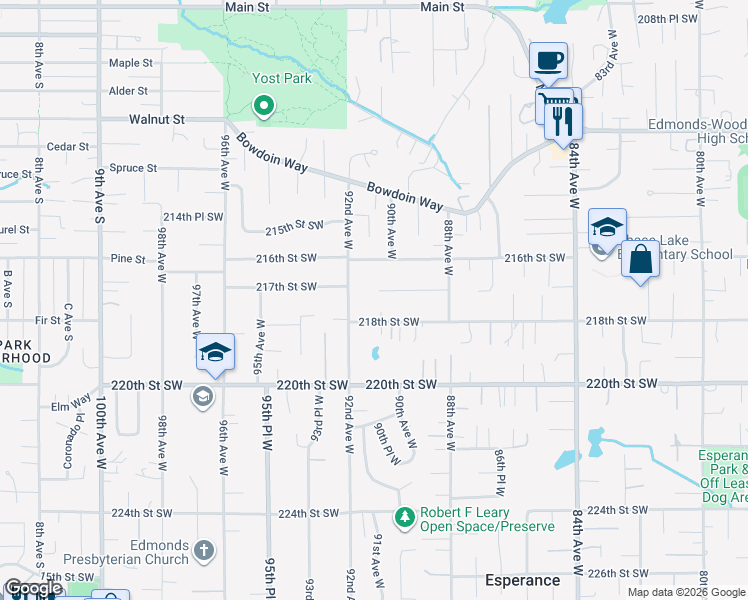 map of restaurants, bars, coffee shops, grocery stores, and more near 9024 217th Street Southwest in Edmonds